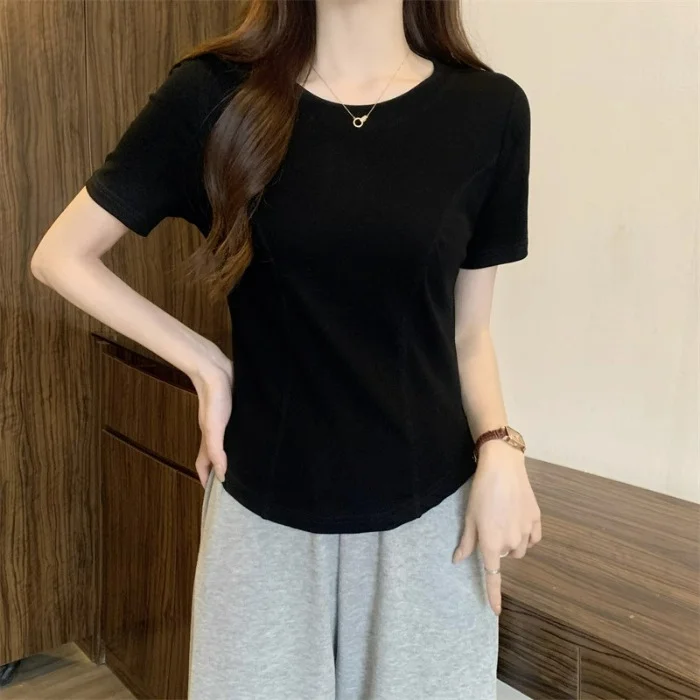 Brownm Brownm Summer New Slim Short-Sleeved T-Shirt Women's Design Sense Short Pure Desire Irregular Hem Curved Top