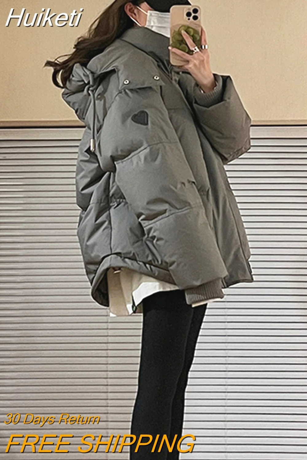 Huiketi Streetwear Grey Puffy Parkas Women Harajuku Retro Winter Thick Warm Coat Casual Oversize New Love Print Cotton Down Jacket