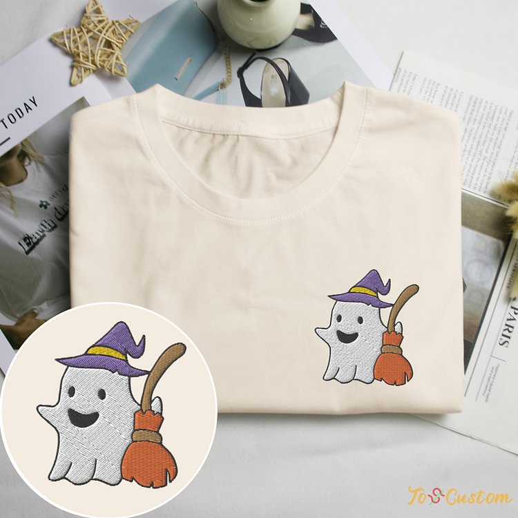 TOSCUSTOM™ Ghost and Broom Shirts Embroidered Shirt for Halloween Enthusiasts