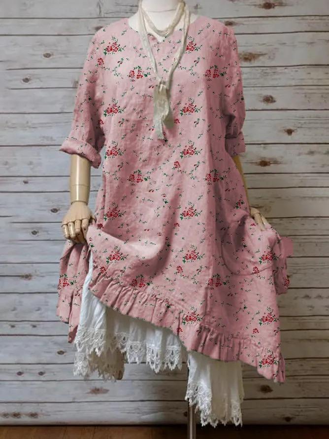 Vintage Casual Plus Size Floral Printed 3/4 Sleeve Dresses