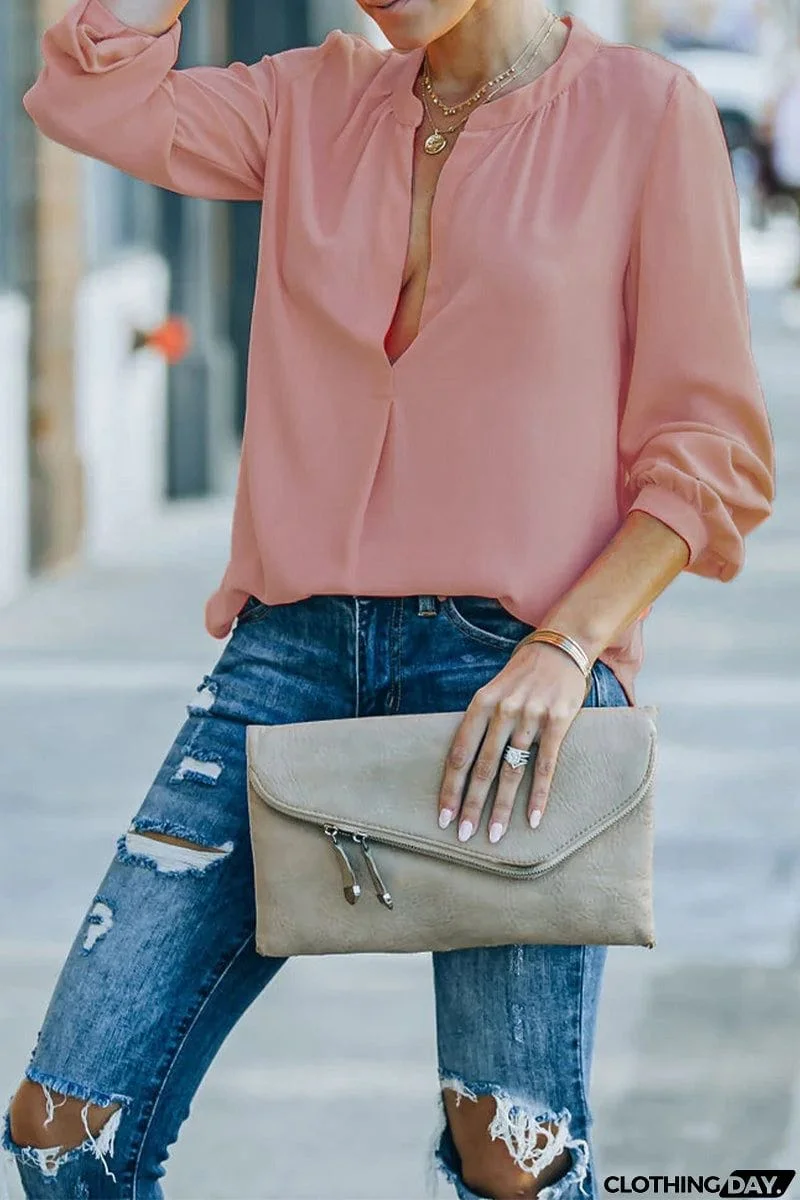 Casual Solid Fold V Neck Tops(6 Colors)