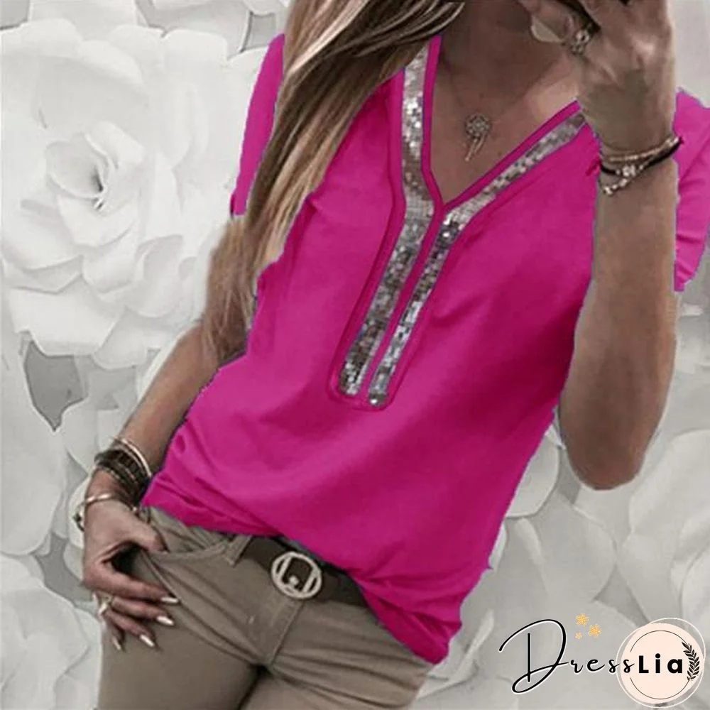 Plus Size  Short Sleeve Solid Color Tops Joint V Neck Blouse