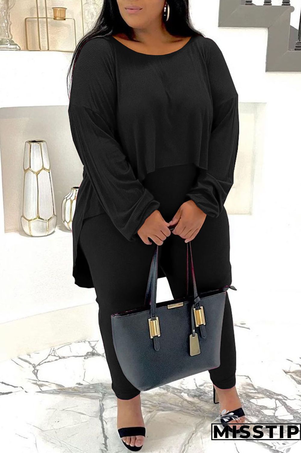 Burgundy Casual Solid Patchwork O Neck Plus Size Two Pieces