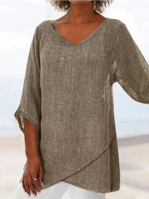 Women Asymmetrical Half Sleeve V-neck Solid Tops