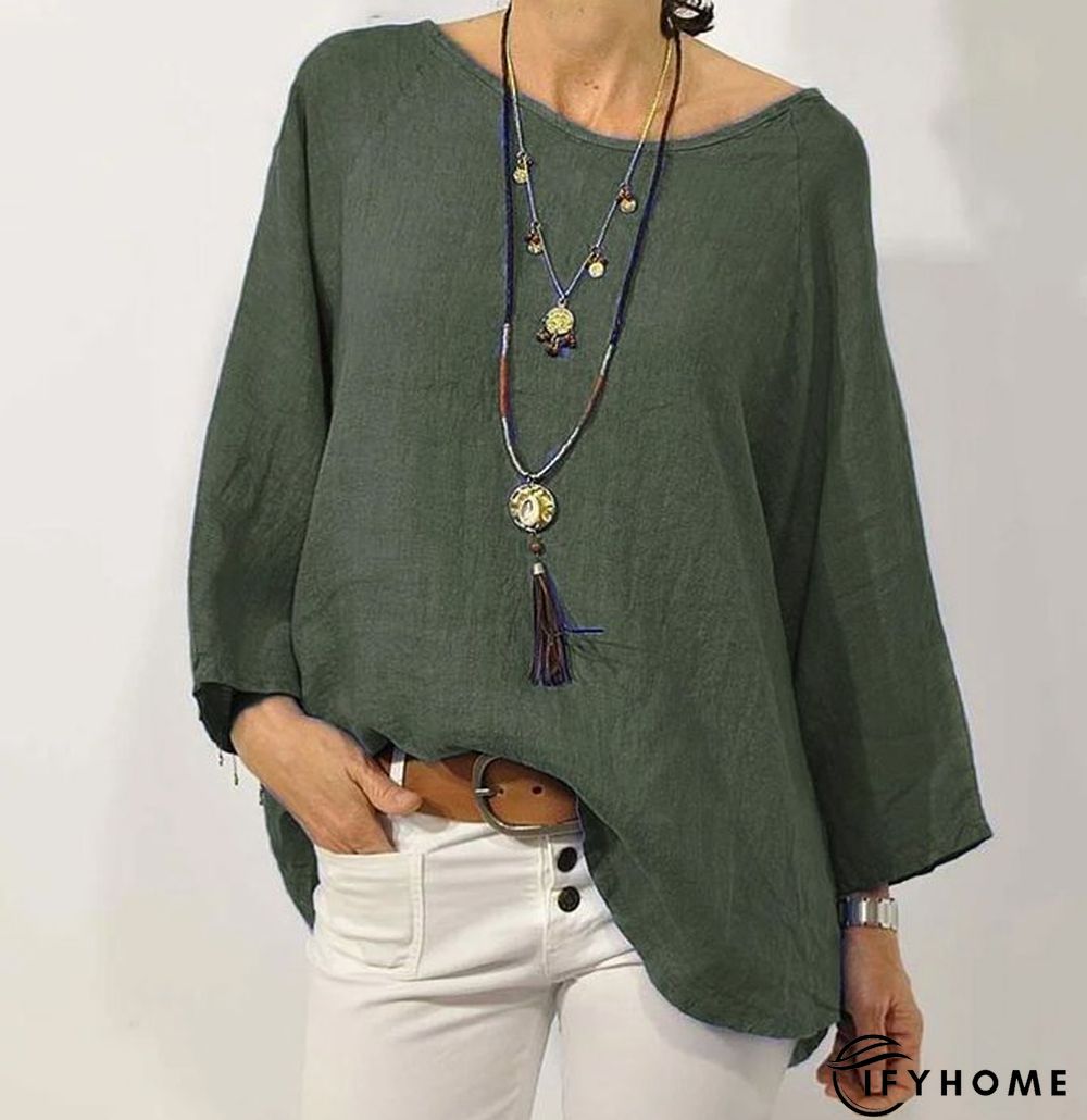 Women Solid Long Sleeve Linen Daily Casual Top | IFYHOME