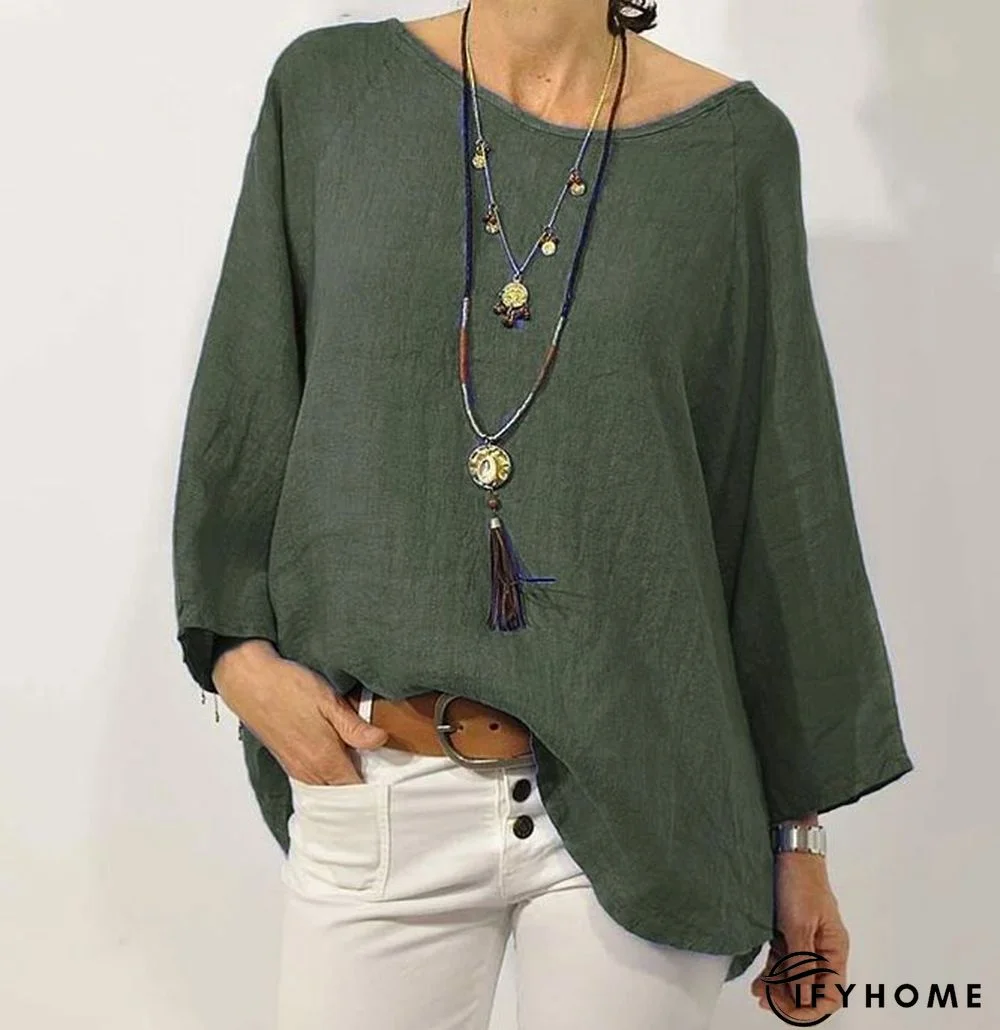 Women Solid Long Sleeve Linen Daily Casual Top | IFYHOME