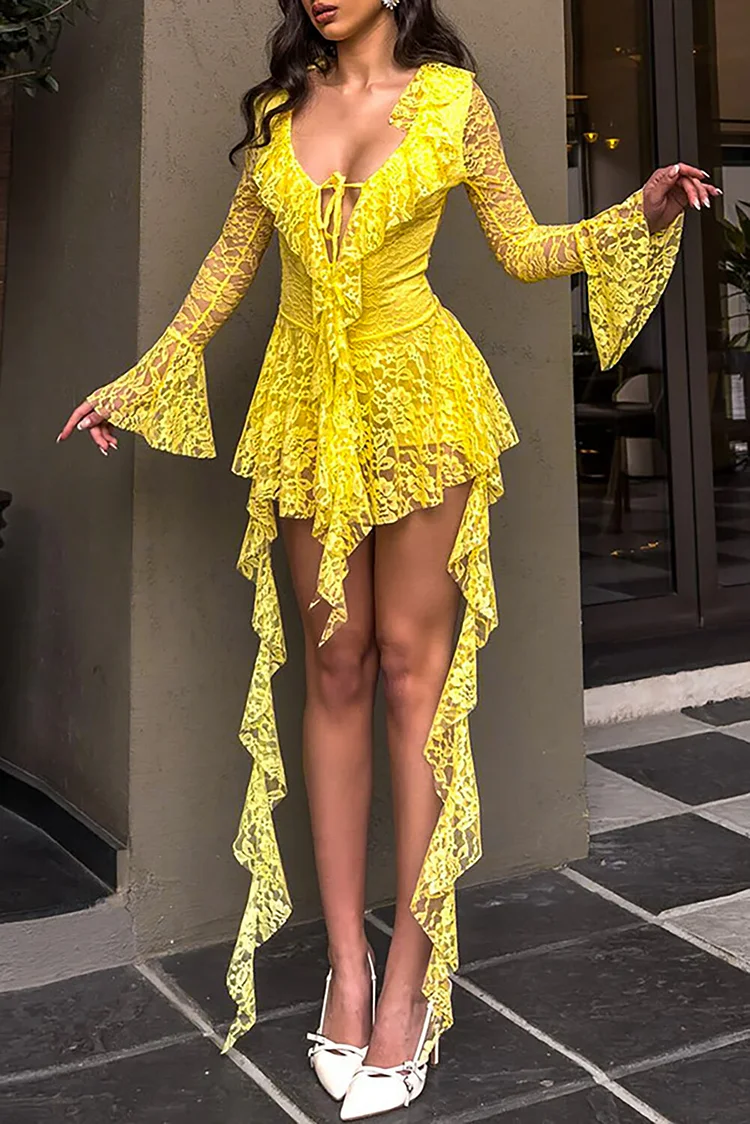 Jacquard Lace Flare Sleeve Ruffled Streamer A-Line Mini Dresses-Yellow