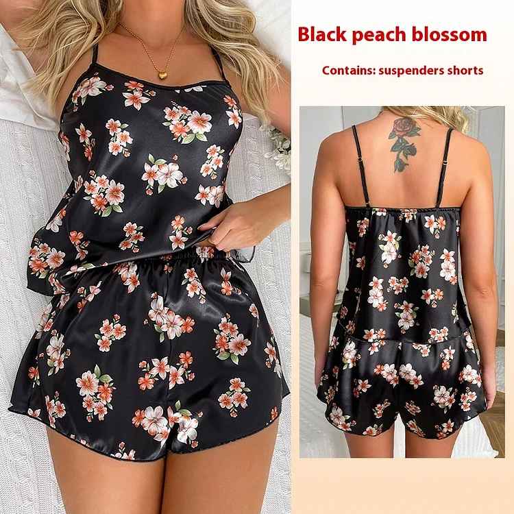 Satin Print Suspender Shorts Pajamas Suit
