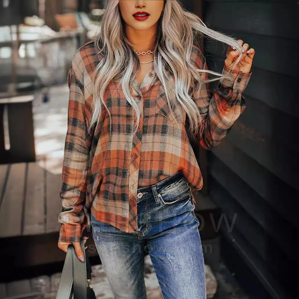 Women's Brown & Black Plaid Flannel Shirt Oversized Button-Down Blouse
