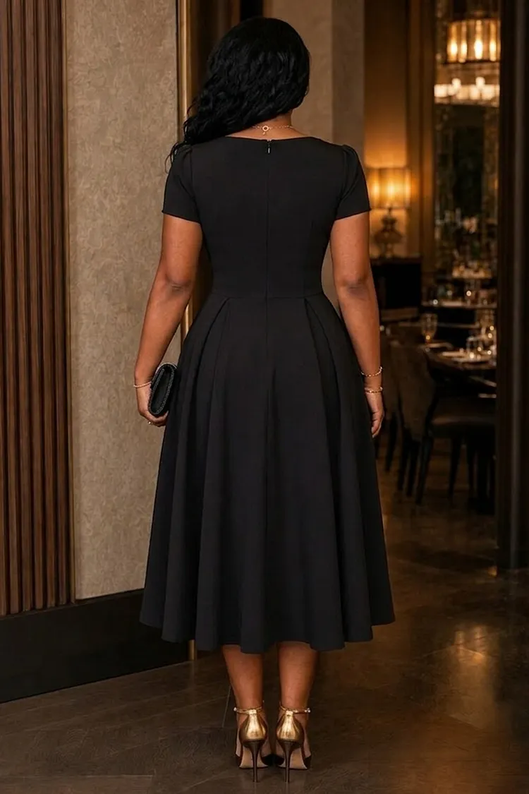 Sweetheart Neck Cinch Waist A-Line Casual Midi Dresses-Black [Pre Order]