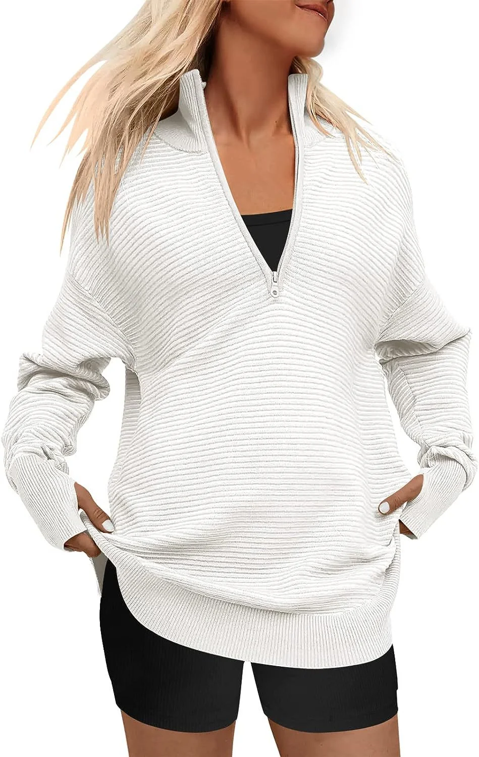 Mongw Mongw Hot Style Women's Long Sleeve Half Zipper V-Neck Casual Rib Knit Sweater Women's Jumper