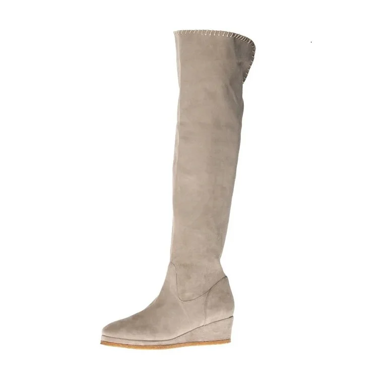 Beige Vegan Suede Long Boots Platform Heel Knee-high Boots |FSJ Shoes