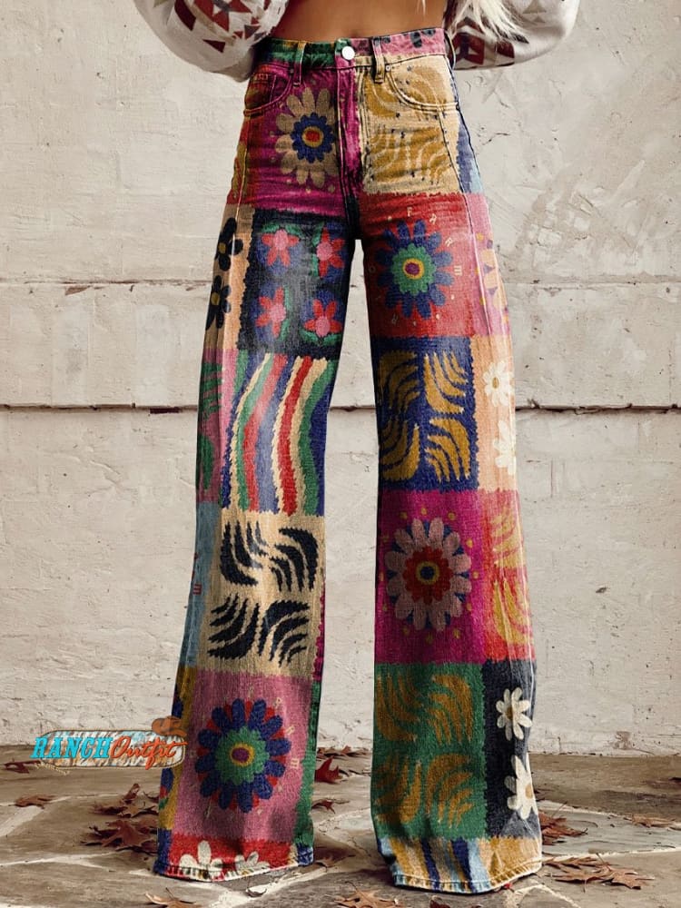 Women’s Vintage Flower Print Casual Wide Leg Pants Multicolor / S