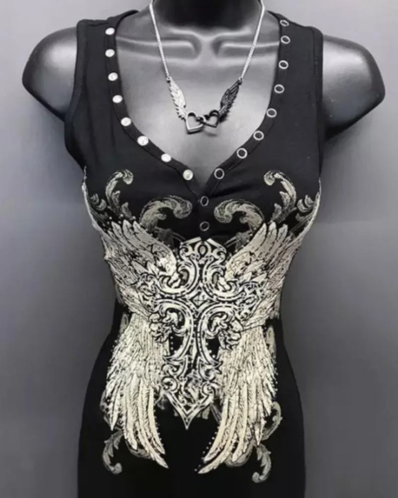Women's Strappy Wings Black Print Punk Vest