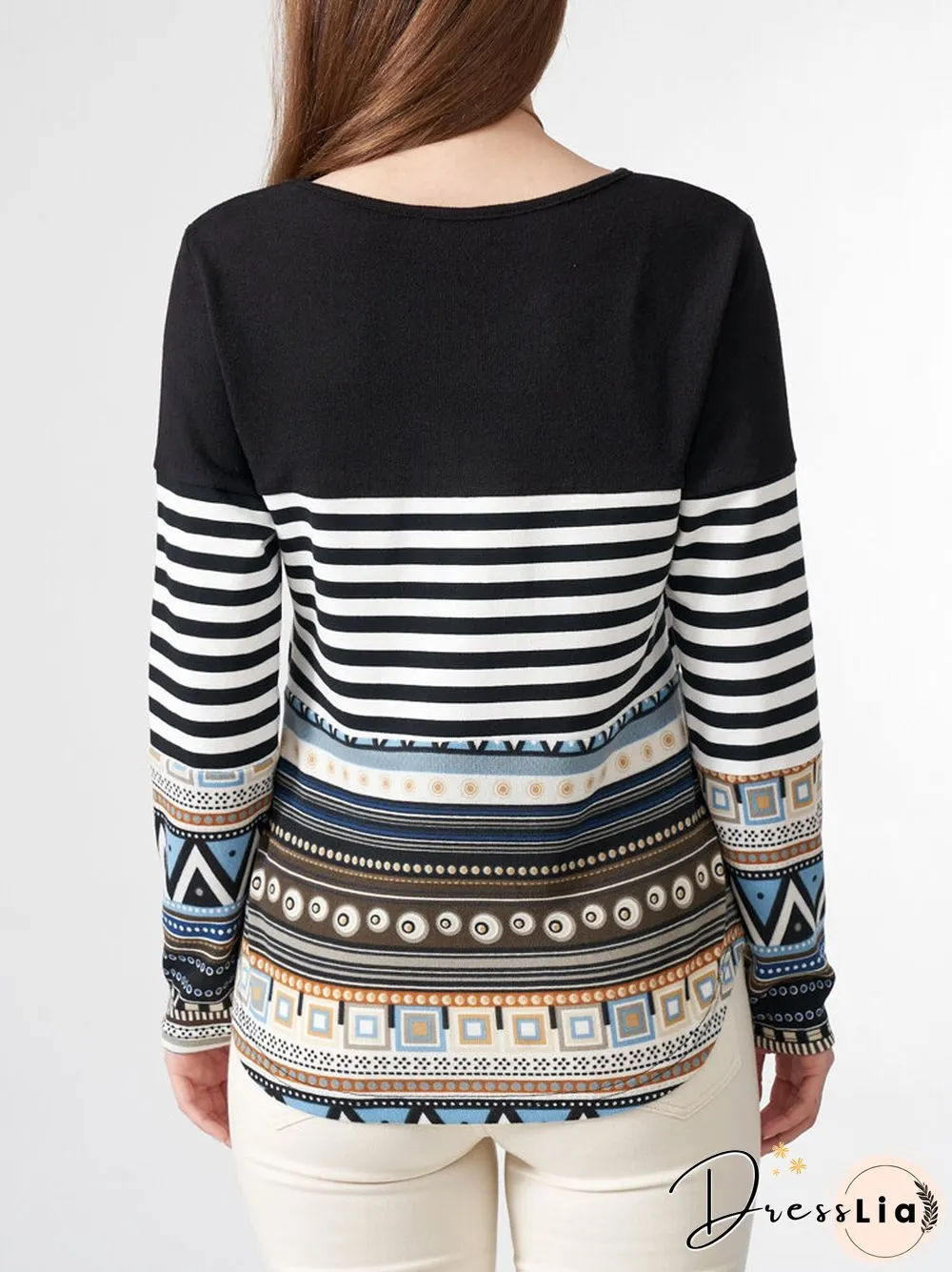 Stripe Tribal Pattern Long Sleeve Crew Neck Casual Sweatshirt