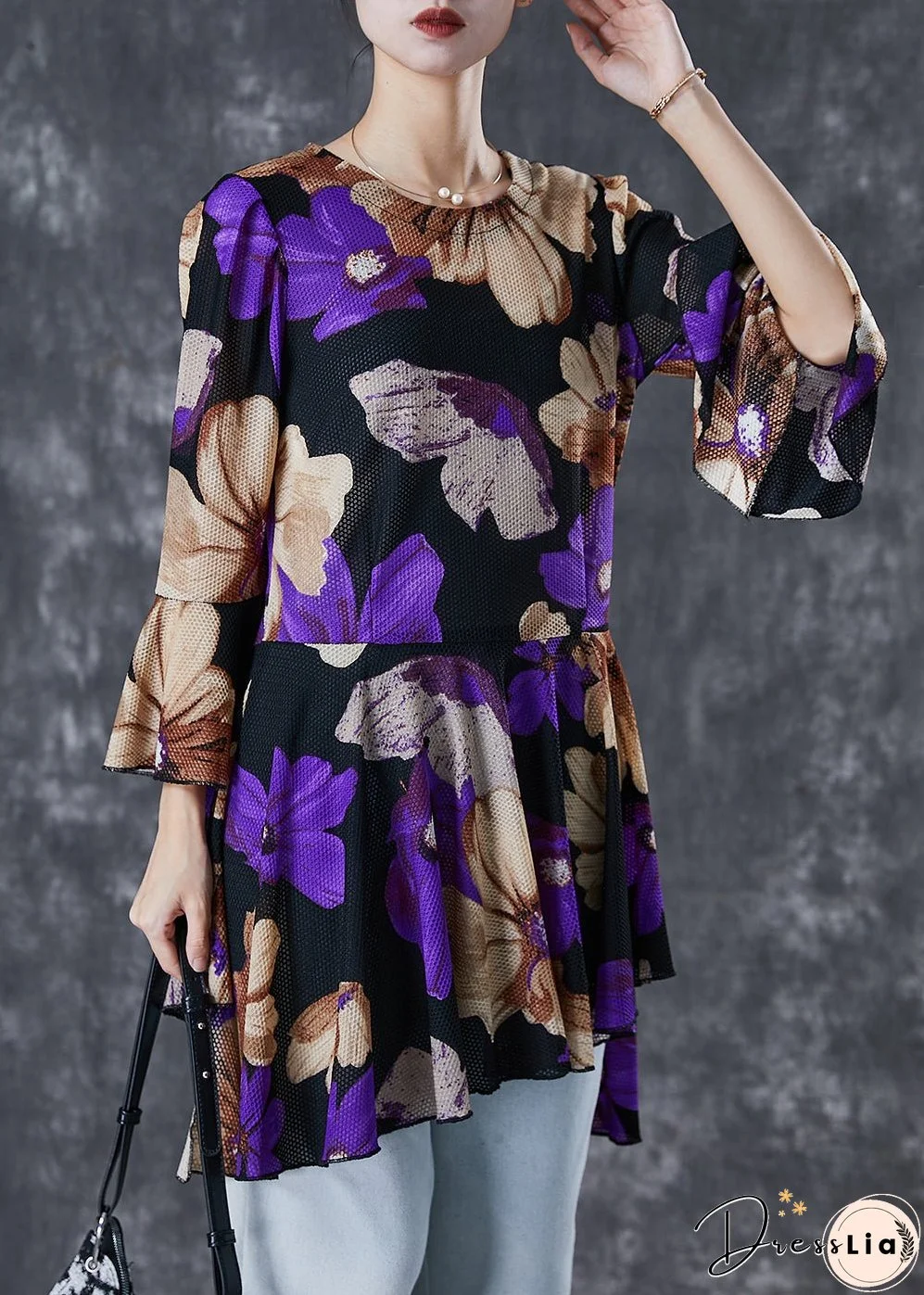 Purple Print Tulle Blouse Tops Exra Large Hem Flare Sleeve