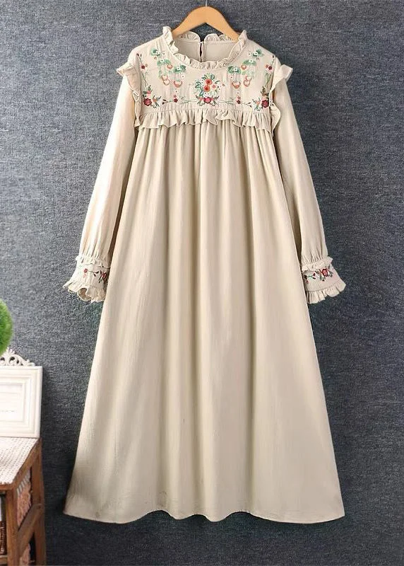 New Khaki Embroideried Ruffled Cotton Long Dresses Spring
