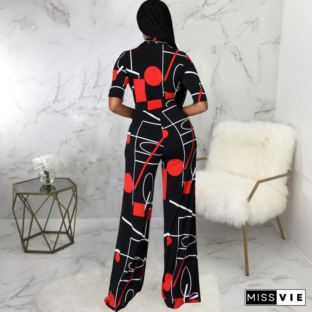 Digital Printed V-neck One Piece Jumpsuit