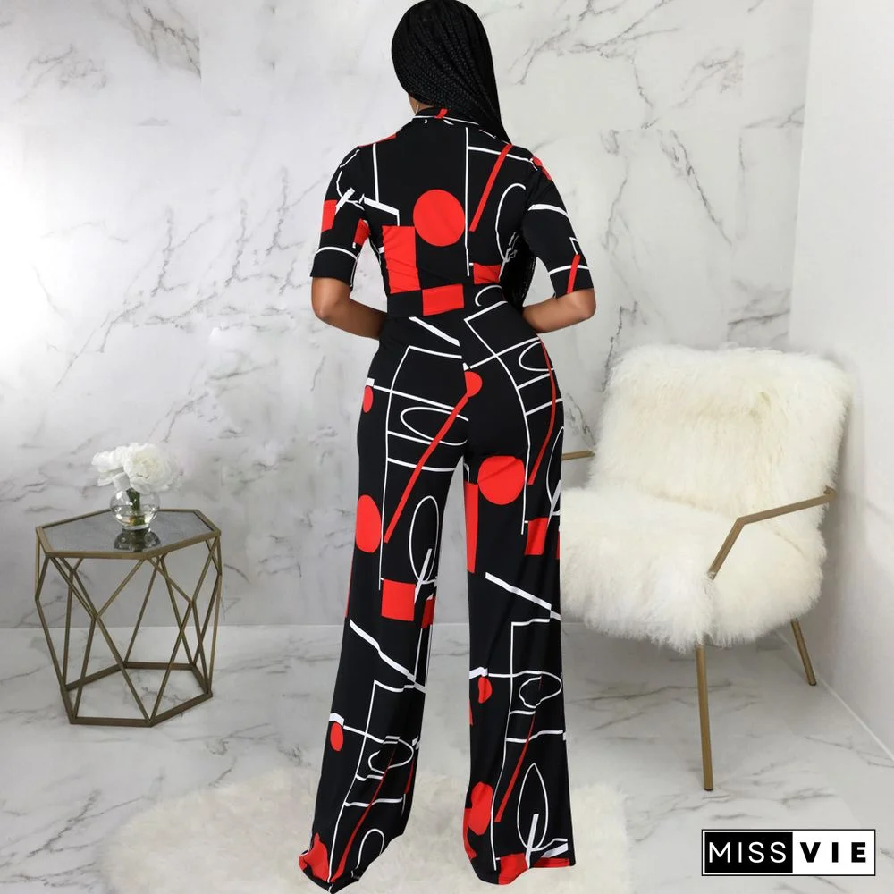 Digital Printed V-neck One Piece Jumpsuit
