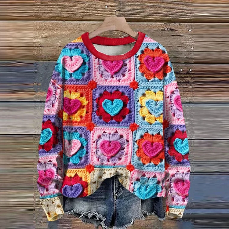 VChics Valentine's Day Colorful Love Print Casual Knitted Sweater