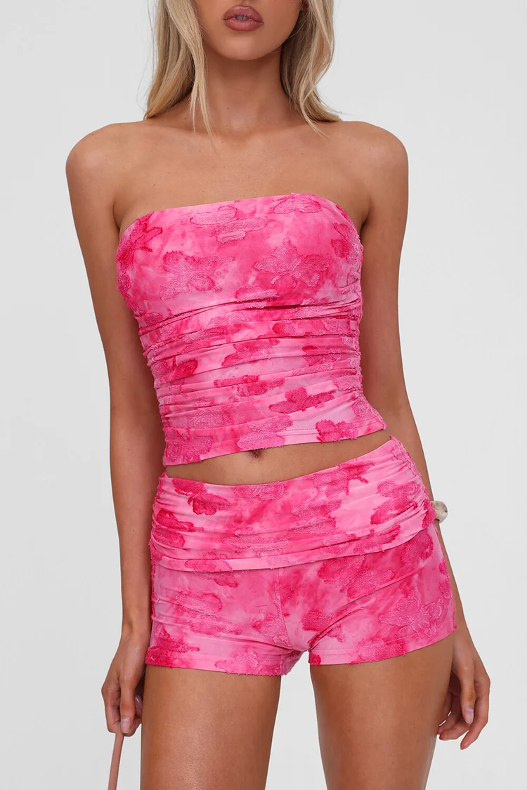 Butterfly Pattern Ruched Crop Tube Top Shorts 2pcs Set-Pink [Pre Order]