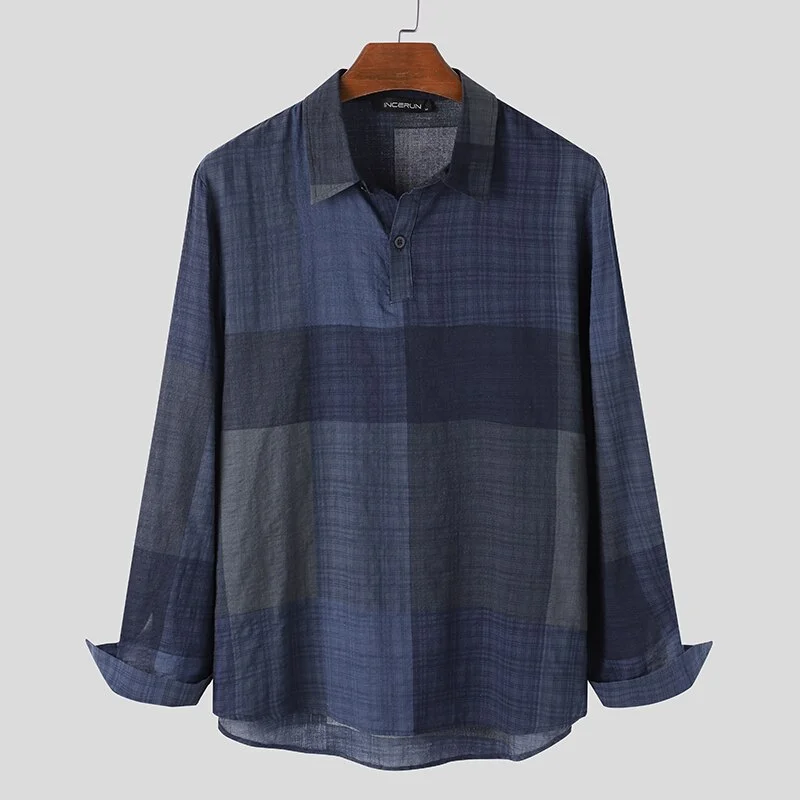 Toloer Mens Vintage Plaid Shirts Long Sleeve Lapel Camisa Leisure V Neck Grid Chemise Breathable Blusas Mens Shirt INCERUN Plus Size 7