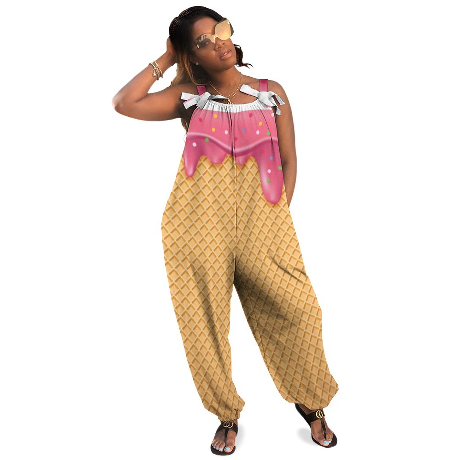Waffle Cone Ice Cream Plus Size Women Rompers Summer Casual Loose Sleeveless Belted Jumpsuit 90s Overalls Sequin Boho Casual Pockets Polyester Spandex