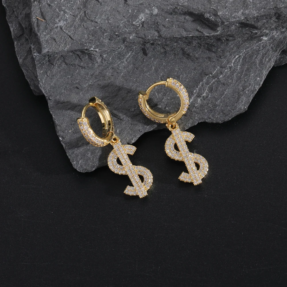 Hip Hop US dollar symbol Iced Out Drop Earrings Men Jewelry-VESSFUL