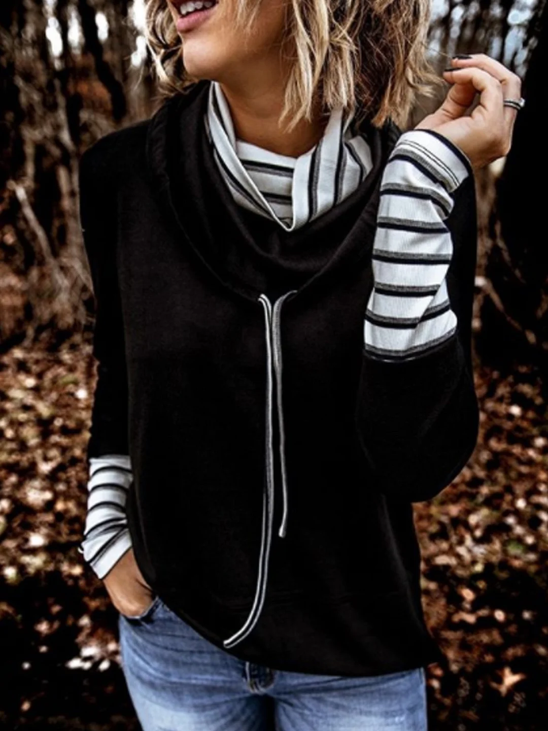 Stand Collar Stripes Long Sleeve Cotton-Blend Top