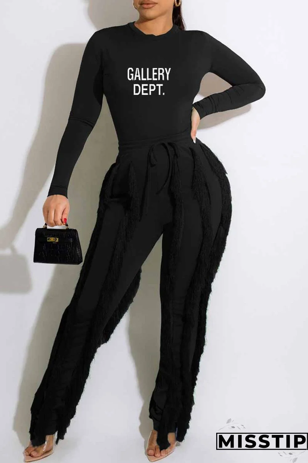 Green Casual Print Letter O Neck Long Sleeve Two Pieces