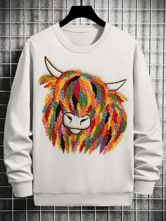 Men's Colorful Highland Cow Embroidery Art Print Sweatshirt