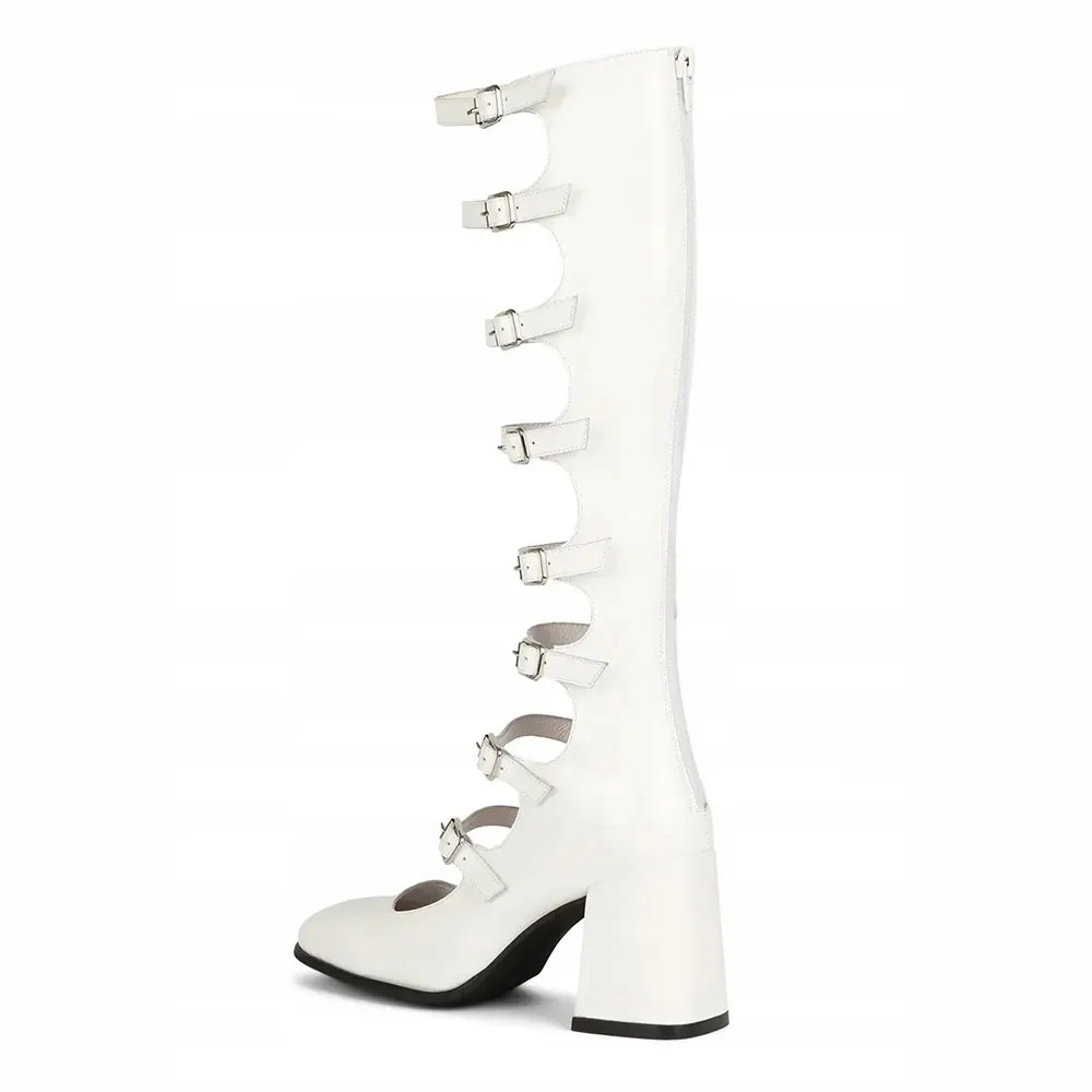 White Square Toe Buckle Cut Out Knee High Mary Jane Heels with Zipper