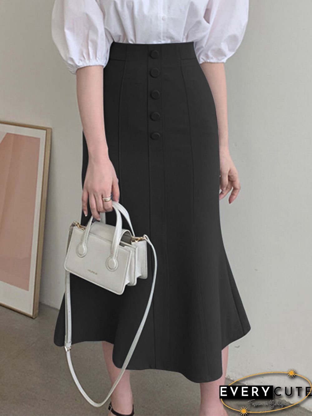 Women High Waist Solid Button Front Mermaid Skirt