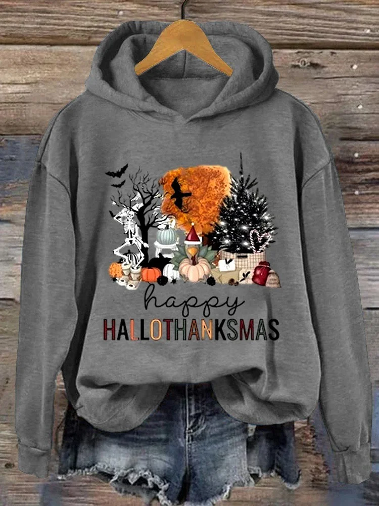 Women's  Happy Hallothanksmas Print Casual Sweatshirt socialshop