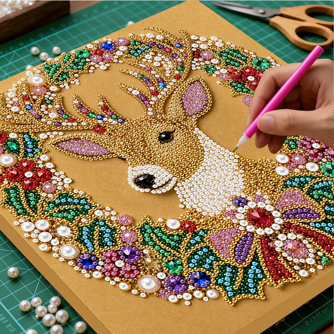Christmas Reindeer Wreath Framed Pearl Painting Kit 25x25cm for Adults