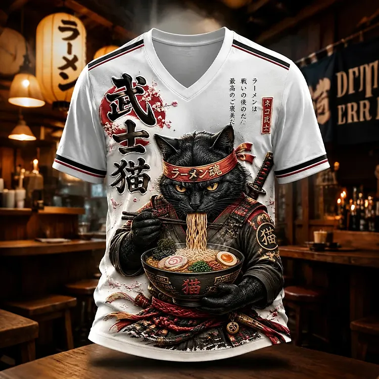 Men's Vintage Samurai Cat Japanese Style Print Casual V-neck T-shirt