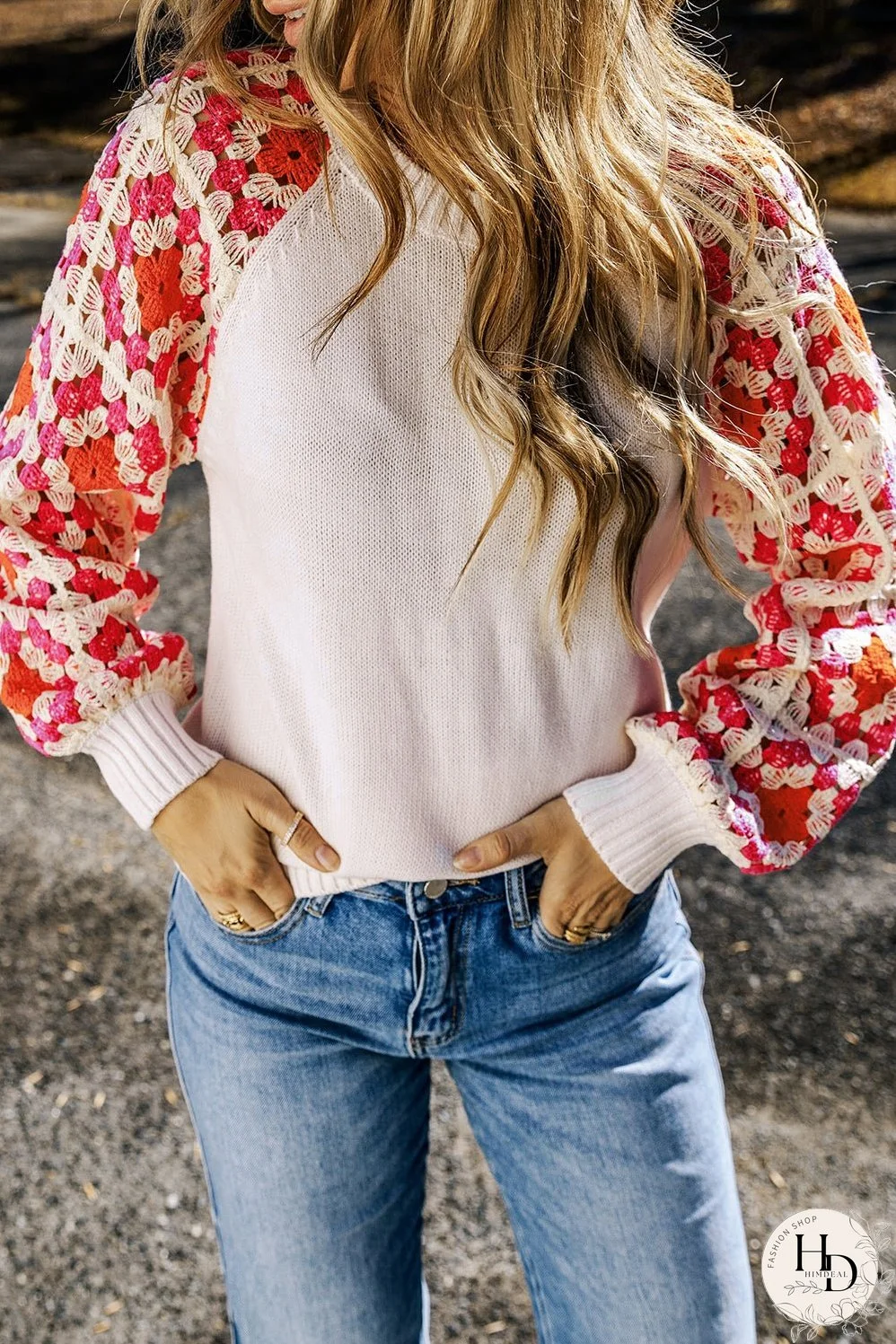 Crochet Puff Sleeve Contrast Knit Sweater