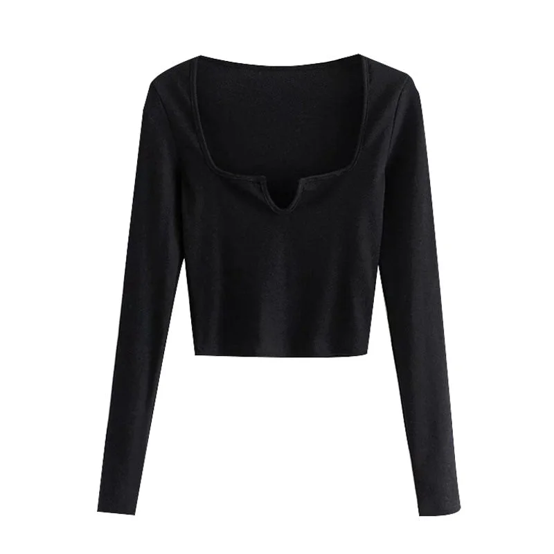 TRAF Women Sexy Fashion Cropped Ribbed Blouses Vintage Square Collar Long Sleeve Female Shirts Chic Tops