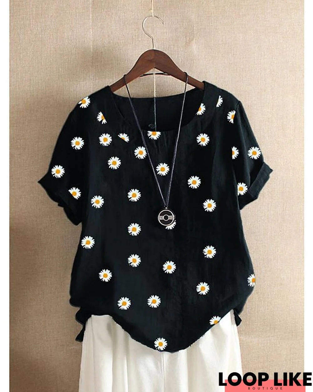 Women's Blouse Shirt Floral Flower Daisy Print Round Neck Tops Loose Cotton Basic Top Black Wine Orange