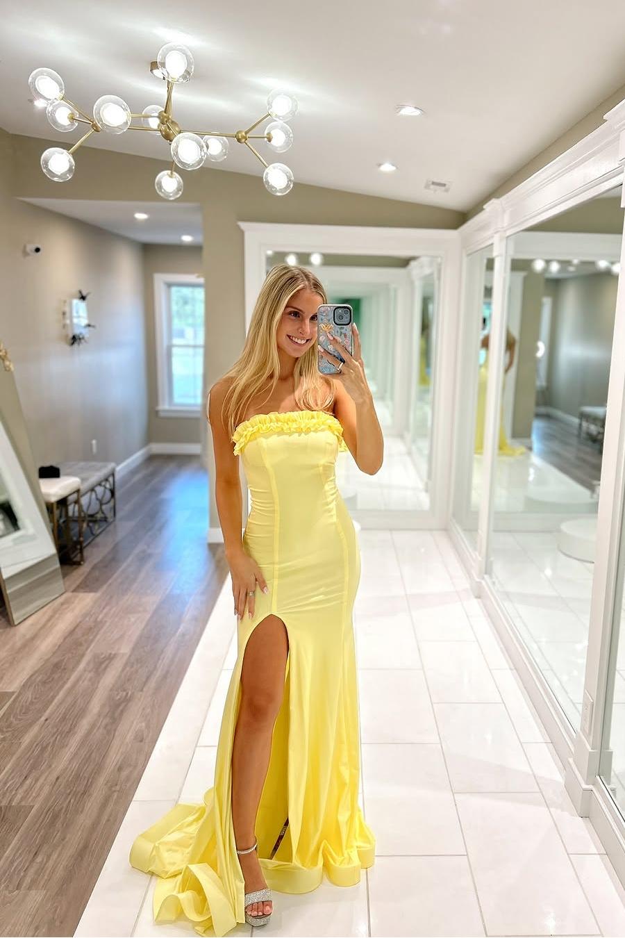 Stunning Sleeveless Yellow Satin Strapless Slim Long Prom Dress with Split | MS0719  