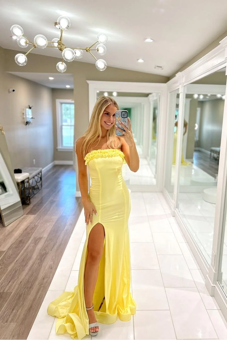 Miabel Stunning Yellow Satin Sleeveless Strapless Slim Long Prom Dress with Split 