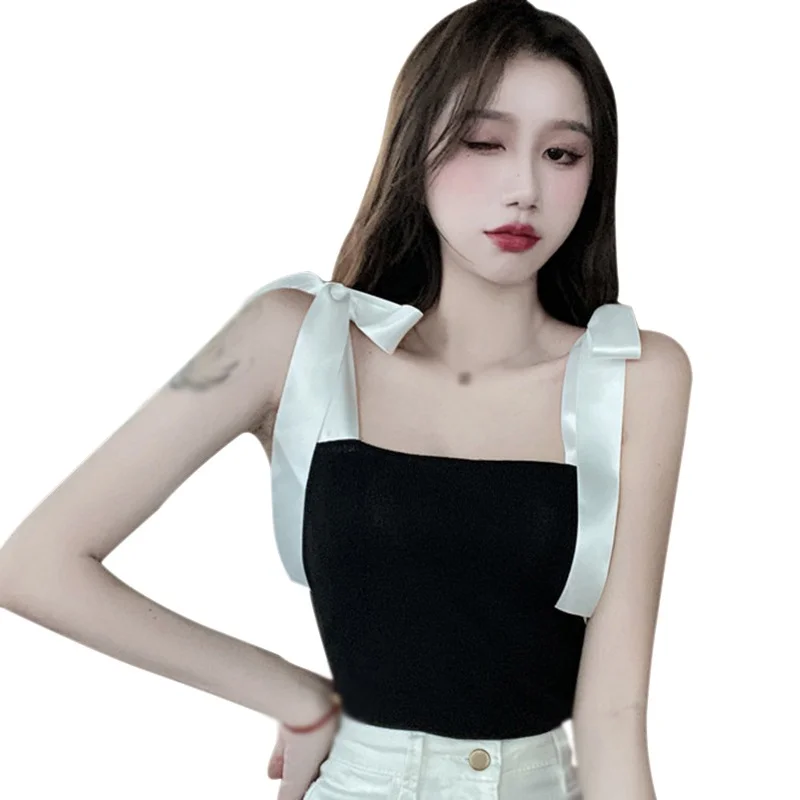 Jangj Women Caution Machine Strap Thread Elastic Shoulder Tie Bow Slim Short Sling Vest