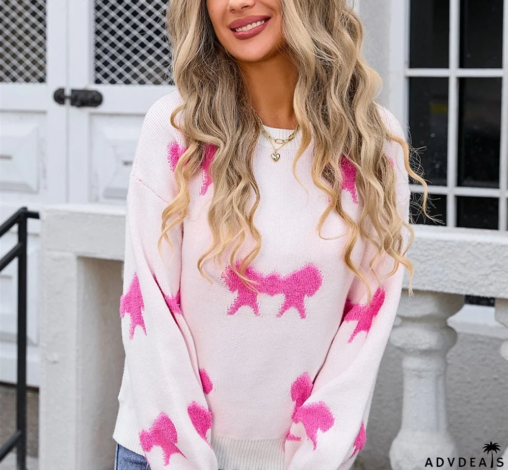 Women's Round-Collar Long-Sleeve Knitwear with Bow