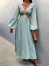 V-Neck Solid Color Long Sleeve Belly-Hollow Backless Casual Maxi Dress