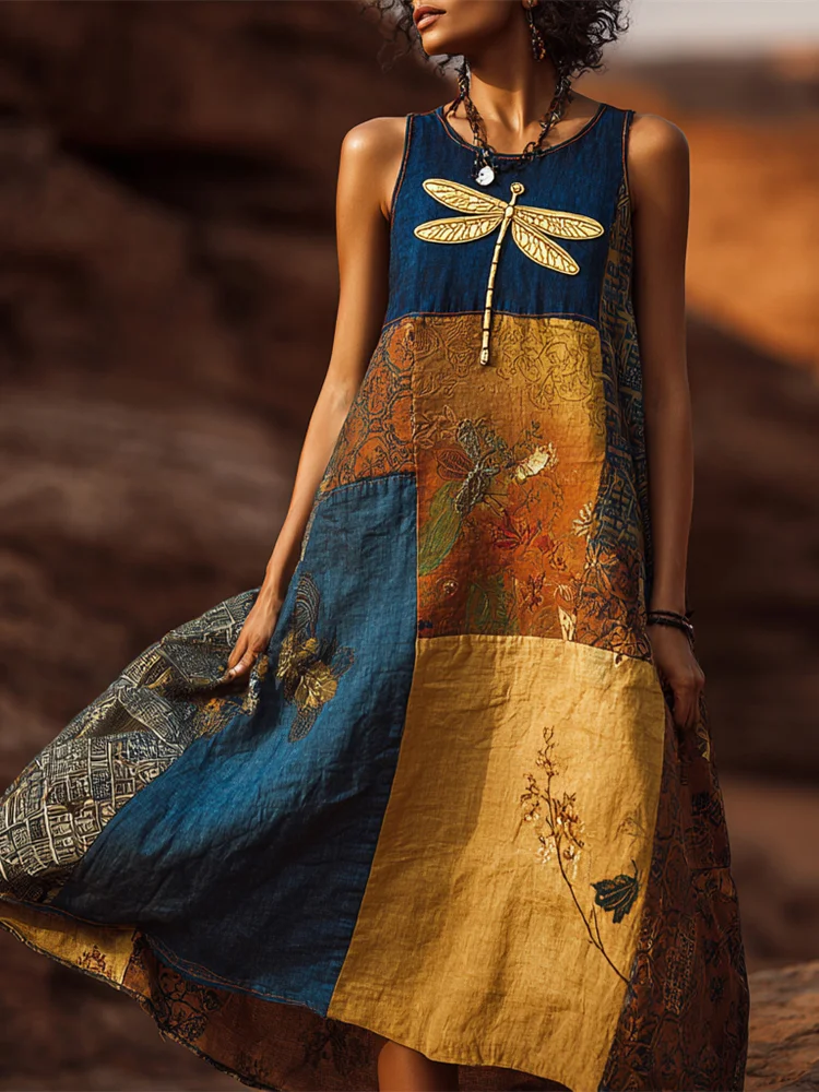 Boho Floral & Dragonfly Print Women's Linen Vest Midi Dress