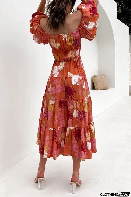 Floral Off Shoulder Shirring Maxi Dress