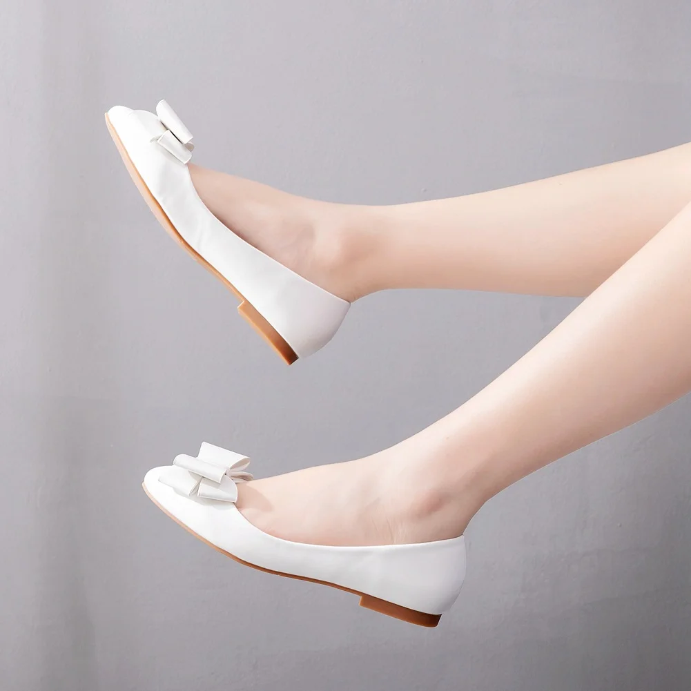 Breakj Breakj White Pointed Flat-Soled Single Shoes Women's Working Women's Shoes Bow Women's Shoes Large Size 41-43 Bridal Shoes Wedding Shoes