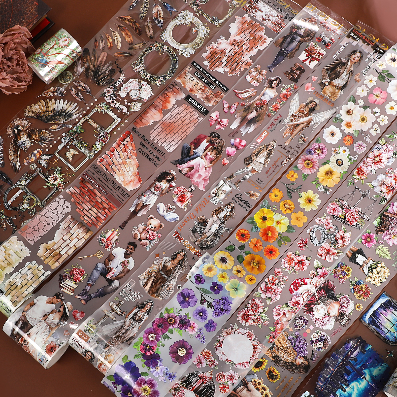 PET 테이프 - 200cm/롤 빈티지 식물 꽃 캐릭터 깃털