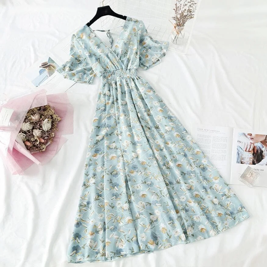 Summer Ruffled Sleeve Floral Print V-neck Dress SP16982