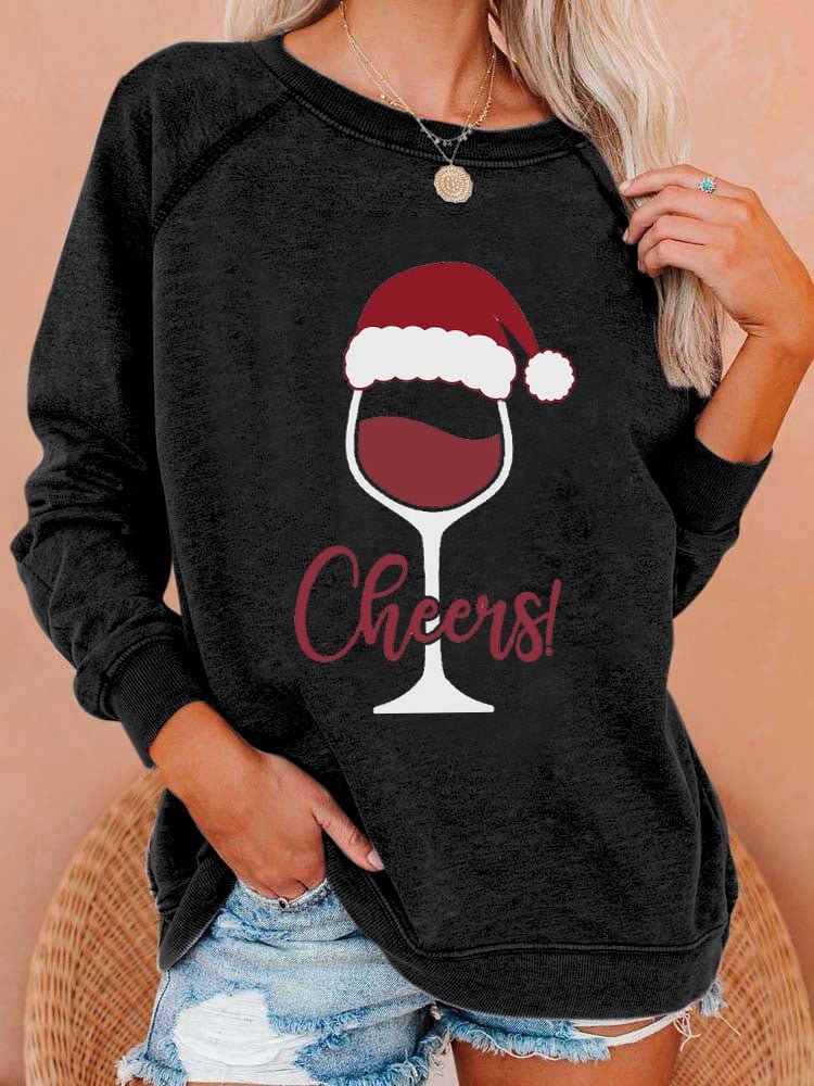 Women's Christmas Cheers Wine Glass Print Casual Sweatshirt